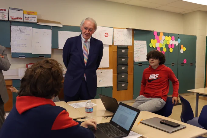 Senator Markey and students at Collins Middle School