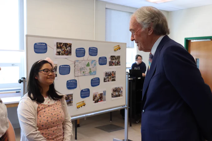 Senator Markey and a student at Collins Middle School