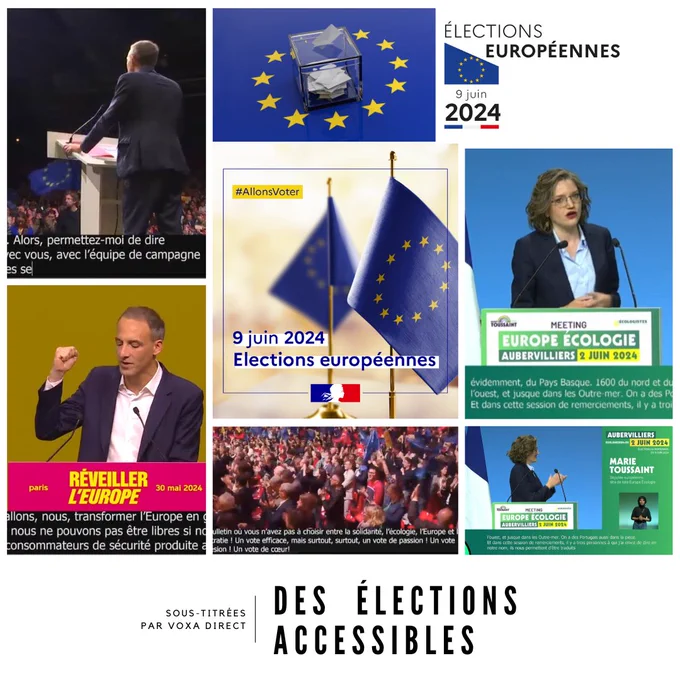Meetings accessibles pour les élections européennes, sous-titrés par Voxa Direct.