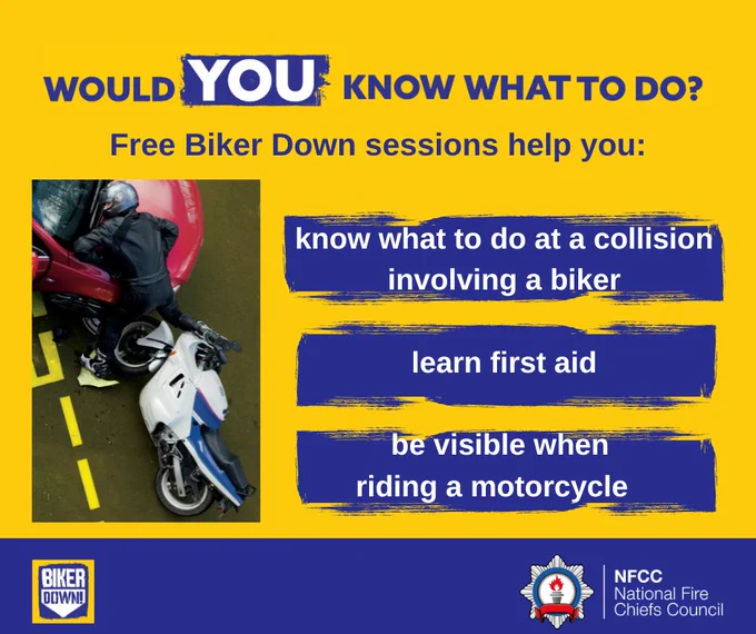 Would you know what to do? Free Biker Down Sessions help you: know what to do at a collision involving a biker, learn first aid and be visibke when riding a motorcycle. 