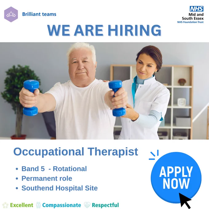 Poster advertising OT vacancy. Picture of a Occupational Therapist supporting a patient with some hand exercises