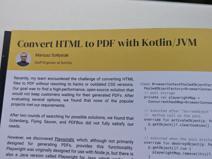 Article by Mariusz Sołtysiak, Staff Engineer at SumUp: Convert HTML to PDF with Kotlin/JVM