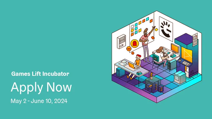 You can see a cartoon-like room filled with people sitting at desks, working at laptops and talking. The text says: Games Lift Incubator Apply Now May 2 - June 10, 2024