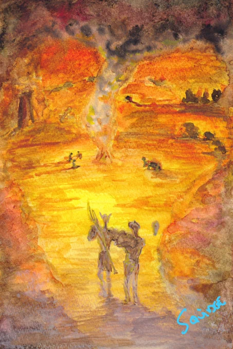 Burial.
Our watcolour for this week's episode "The Upper Tombs"
The Nameless One, Dak'kon and Morte return to the Buried Village after their first entry to the Weeping Stone Catacombs.