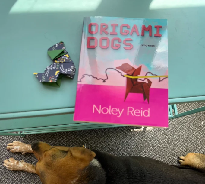 Cover of Origami Dogs by Noley Reid, with origami dog and Rosie, hound photobomb