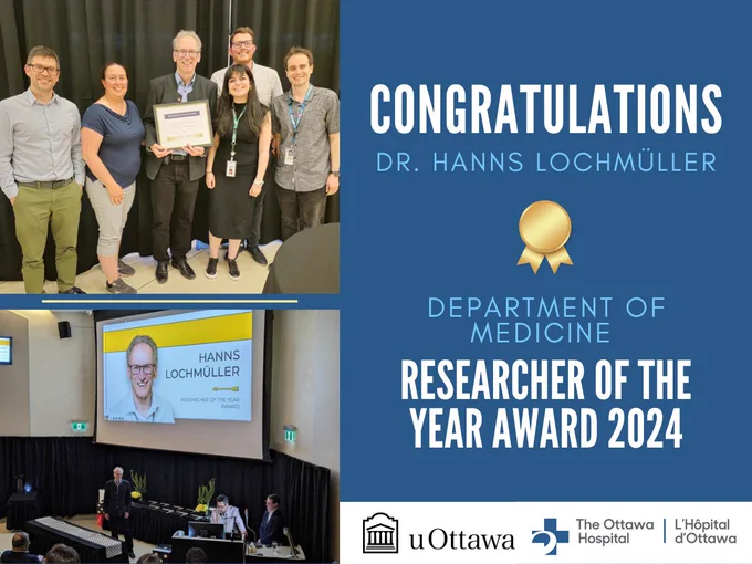 Hanns receiving the 2024 Researcher of the Year award from the uOttawa / The Ottawa Hospital department of medicine.