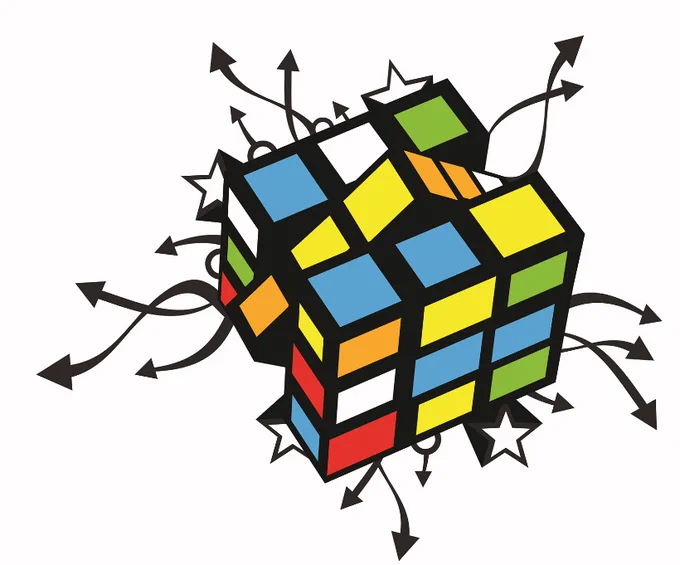 A colorful rubix cube with arrows and stars exploding out of the background. 