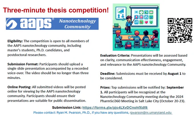 *Disclaimer: This competition is hosted by the AAPS Nanotechnology Community and is meant to be a fun activity to foster engagement for nanotechnology researchers globally. There is no monetary or financial compensation (reduced registration, travel expenses, etc.) associated with this competition.  