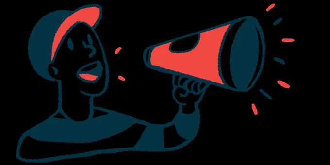 A person wearing a baseball cap speaks using a megaphone cone.