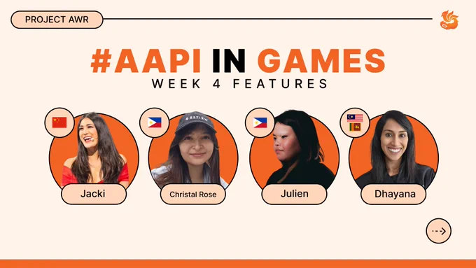 Each person has their photo above their name, with a small flag showing their country of origin: China for Jacki, Philippines for Christal Rose and Julien, Malaysia and Sri Lanka for Dhayana.