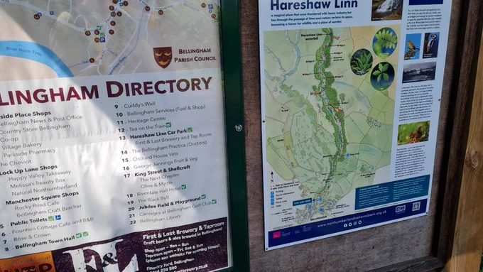 outside map showing a three mile hike to a waterfall. and a directory to shops and attractions in the village