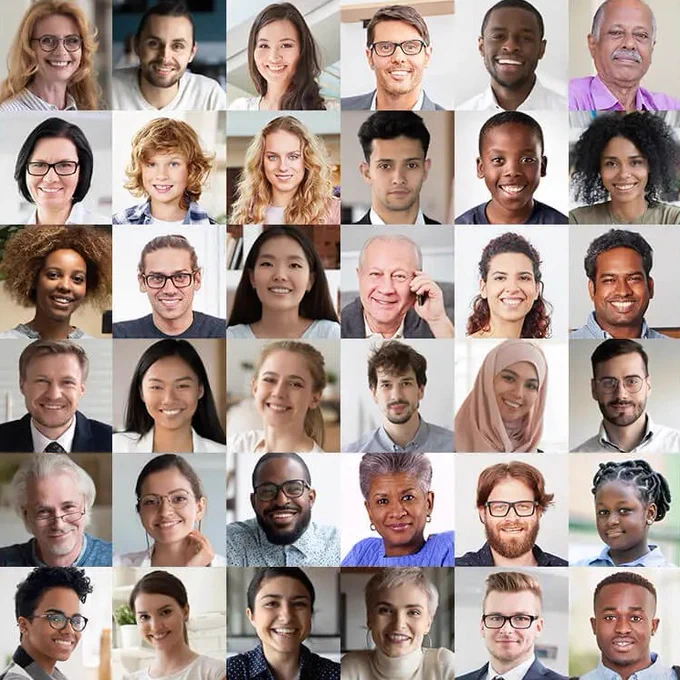 Diverse faces of women, men, and children