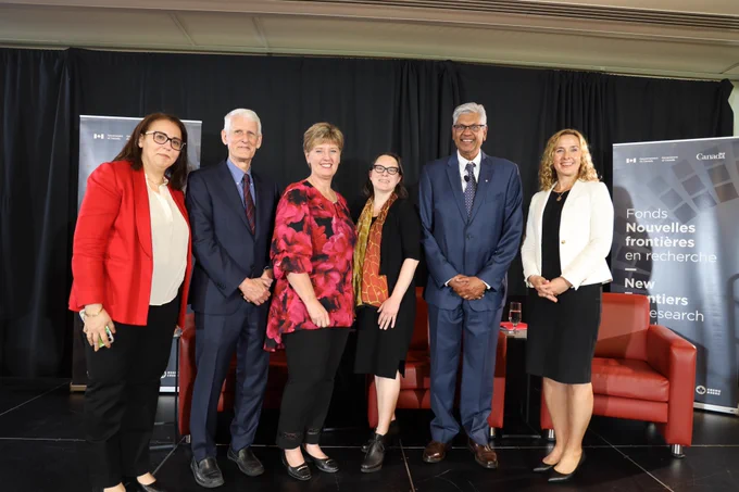 From left to right: Prof. Salwa Karboune (McGill), Interim President and Vice-Chancellor Jerry Tomberlin (Carleton), the Honourable Marie-Claude Bibeau (Minister of National Revenue), Prof. Elisabeth Gilmore (Carleton), Prof. Chandra Madramootoo (McGill), Assoc. Vice-President Valerie Laflamme (SSHRC) 