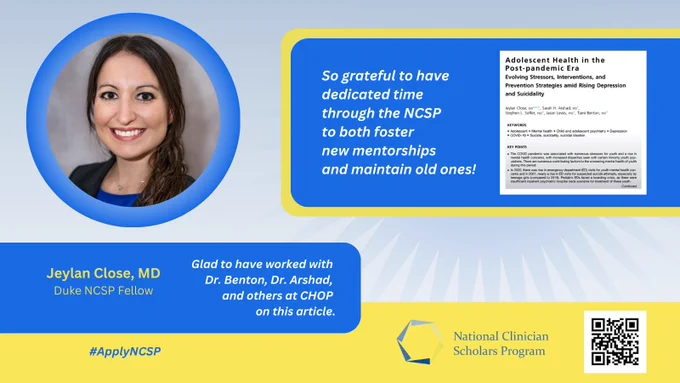 So grateful to have dedicated time through the NCSP to both foster new mentorships and maintain old ones! Jeylan Close, MD, Duke NCSP Fellow Glad to have worked with Dr. Benton, Dr. Arshad, and other at CHOP on this article