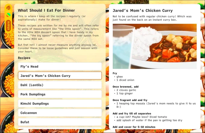 Wireframes of a new app we're working on — a simple and fun document editor, for making things like collections, wikis, link-in-bio-pages, syllabi & more. This screenshot shows two side-by-side pages, the first page of an example doc called "What should I eat for dinner" and to the right a linked page titled "Jared's mom's chicken curry", customized with a food-themed background image.