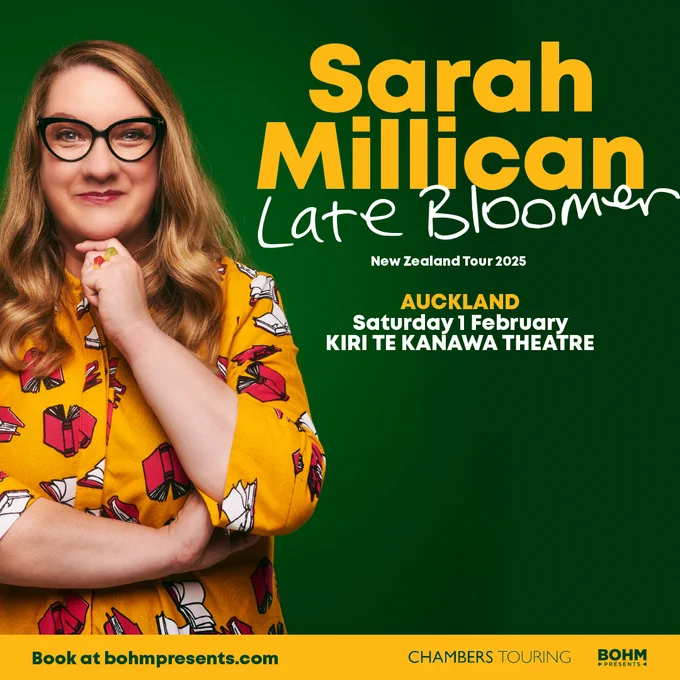 Image of woman wearing glasses and yellow dress with books on them. Contains text with Sarah Millican event details