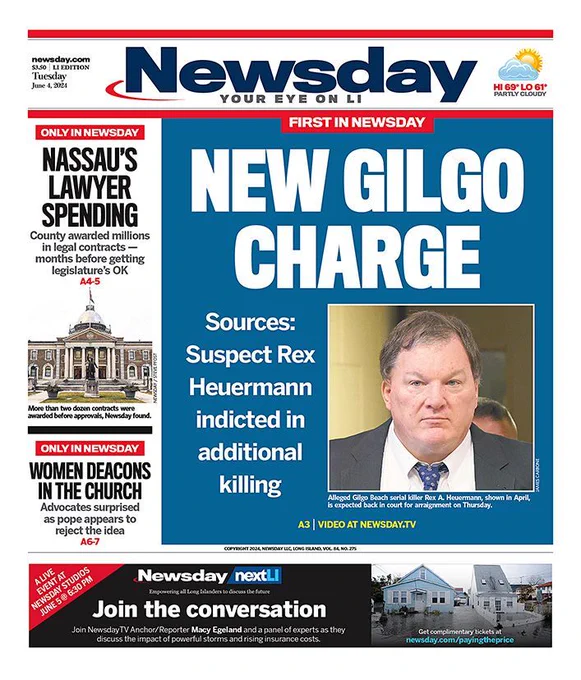 Tuesday's cover: Alleged Gilgo Beach serial killer Rex A. Heuermann is expected back in court later this week on a new indictment charging him with an additional killing, multiple sources told Newsday. https://buff.ly/3X8PN8x 