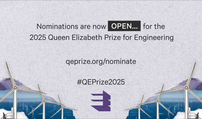Nominations are now OPEN... for the 2025nQueen Elizabeth Prize for Engineering
qeprize.org/nominate
#QEPrize2025" 
Shown below is the logo of the Queen Elizabeth Prize for Engineering, which resembles a stylized letter 'E' in purple. 