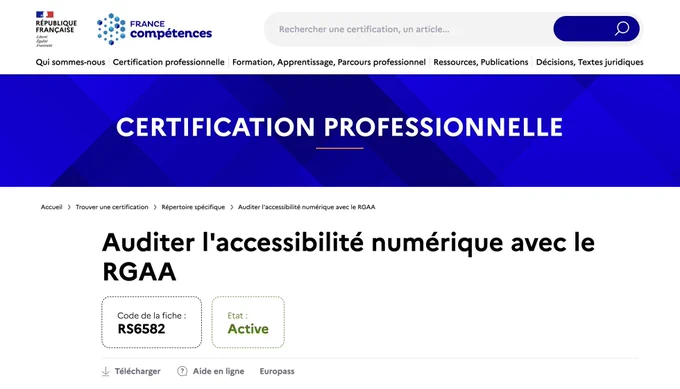 Capture d’écran du site de France Compétences, page dédiée à la certification « Auditer l’accessibilité numérique avec le RGAA » d’Access42.