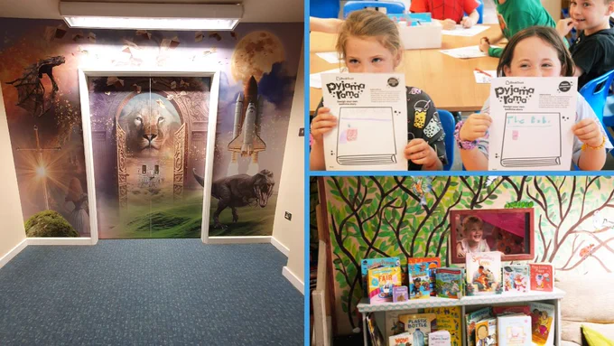 An example of the wall art you could win, two children holding up Pyjamarama worksheets, and a child excitedly peeking through a window in a school library