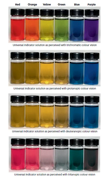 how a spectrum of coloured vials appears to those with protanopic, deuteranopic and tritanopic colour vision