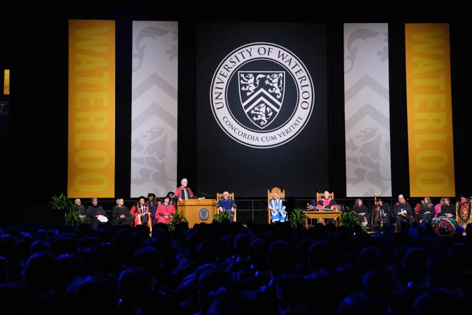 The main Convocation stage at the University of Waterloo inside of the Physical Activities Complex (PAC)