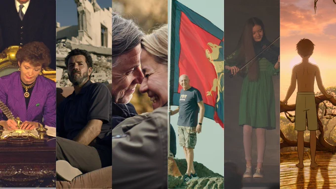 Promotional graphic. Collage of 6 images from the films Mary Robinson, The Teacher, Poison, Football Fever: Genoa Love Affair, Fidil Ghorm and Kensuke's Kingdom.