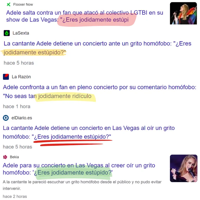 Capturas de pantalla de títulos de periódicos (Flooxer Now, elDiario.es, La Razón, La Sexta y Bekia) sobre Adele recriminando a un fan que atacó al colectivo LGTBI en su show de Las Vegas. La traducción es PENOSA siendo: ¿Eres jodidamente estúpido?" o  "No seas tan jodidamente ridículo".