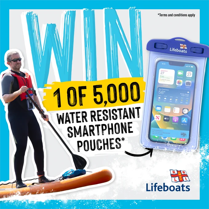 Text reads: Win 1 of 5,000 water resistant smartphone pouches. Image shows a cut-out of paddleboarder and a phone in a pouch. Sub-text states the image is for illustrative purposes