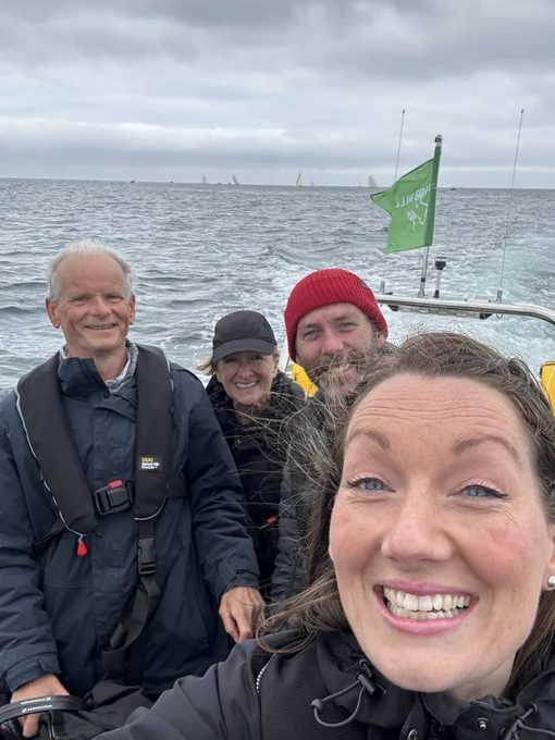 Grace, Kev, Lou and Greg on the media boat off Falmouth