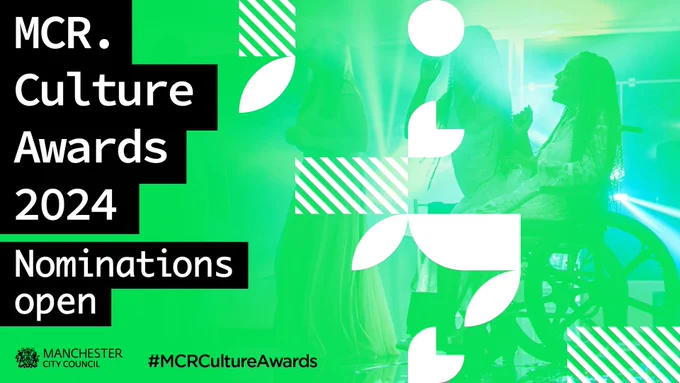 A woman in a wheelchair enjoys a disco with her friends. Text reads: ‘MCR Culture Awards 2024. Nominations open. #MCRCultureAwards’