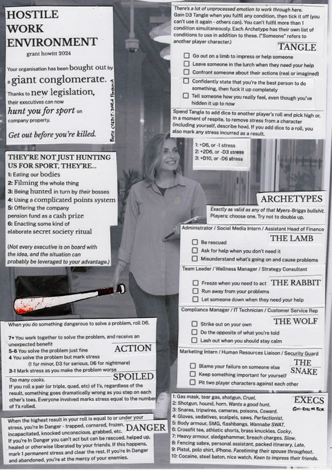 A jpeg of a one-page tabletop roleplaying game called HOSTILE WORK ENVIRONMENT. You can download text-only versions at this website: https://www.patreon.com/posts/105081855