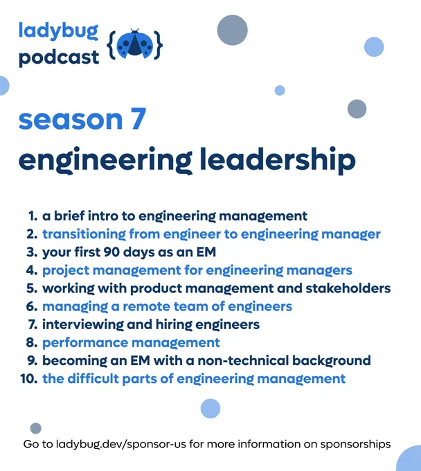 1. a brief intro to engineering management
2. transitioning from engineer to engineering manager
3. your first 90 days as an EM
4. project management for engineering managers
5. working with product management and stakeholders
6. managing a remote team of engineers
7. interviewing and hiring engineers
8. performance management
9. becoming an EM with a non-technical background
10. the difficult parts of engineering management