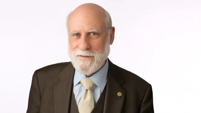 In the photo is Vinton G. Cerf, vice president and Chief Internet Evangelist for Google. 

He an Internet pioneer and is recognized as one of the fathers of the Internet, sharing this title with TCP/IP co-developer Bob Kahn.