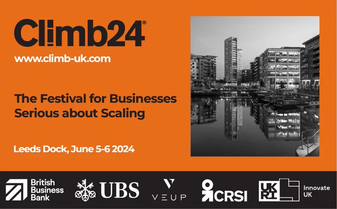 A image of Leeds with an orange background with details of the climb24 event