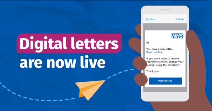 Illustration of a hand holding a mobile phone that shows a message saying 'You have a new letter. Read it online'. Graphic text reads 'Digital letters are now live'