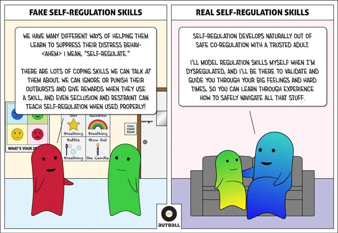 A 2 panel cartoon by Autball.
1: A white box at the top reads: FAKE SELF-REGULATION.
A red adult, speaking to a Green adult, says, “We have many different ways of helping them learn to suppress their distress behav- <ahem> I mean, ‘self-regulate.’ There are lots of coping skills we can talk AT them about, we can ignore or punish their outbursts and give rewards when they use a skill, and even seclusion and restraint can teach self-regulation when used properly!”
2: A white box at the top reads: REAL SELF-REGULATION.
A Light Blue/Blue adult sits with a Green/Yellow child on a couch and says, “Self-regulation develops naturally out of safe co-regulation with a trusted adult. I’ll model regulation skills myself when I’m dysregulated, and I’ll be there to validate and guide you through your big feelings and hard times, so you can learn through experience how to safely navigate all that stuff.”