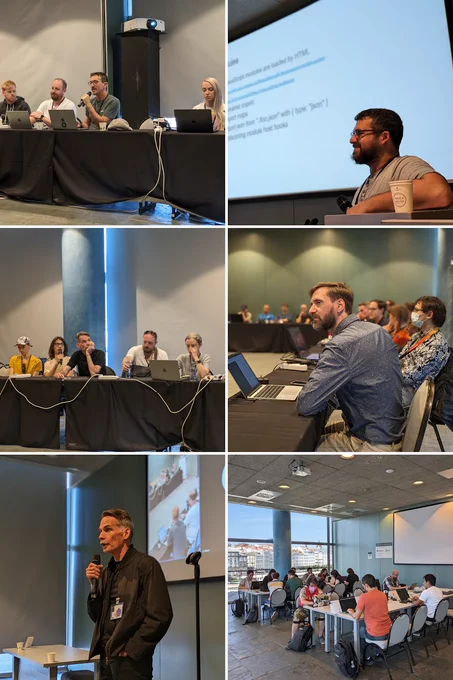 6 pictures from today's breakout sessions:
* Top left: Brian Kardell (@briankardell) talking during the "Funding the Web Ecosystem" breakout session
* Top right: Dan Ehrenberg (@littledan) during the session "Standardization across layers: Experiences with HTML, JS and Unicode" 
* Middle left: Nicolò Ribaudo (@NicoloRibaudo) talking during the "Standardization across layers: Experiences with HTML, JS and Unicode" breakout session.
* Middle right: Martin Robinson during the "Servo" breakout session.
* Bottom left: Mike Smith (@sideshowbarker) talking during the session "How to build a new feature for the web platform — and make it a success with developers 2024".
* Bottom right: Picture of the co-working area full of people hacking during the event.