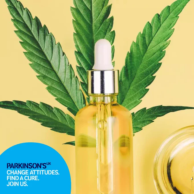 Glass dropper bottle with a clear, golden liquid, positioned on top of a large green cannabis leaf against a bright yellow background. Text overlay in the upper right reads "PARKINSON'S UK CHANGE ATTITUDES. FIND A CURE. JOIN US.