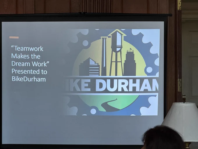 Image of when Bike Durham won the "Teamwork Makes the Dream Work" Vision Zero Award