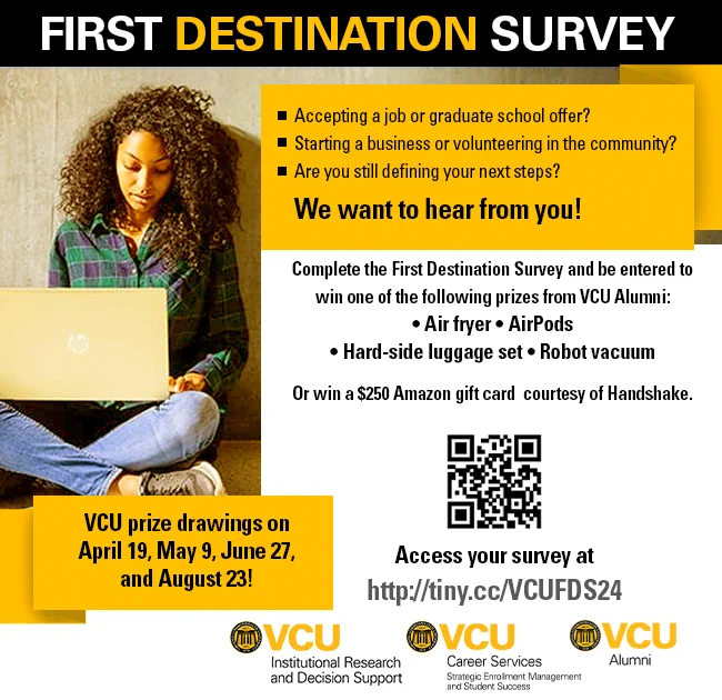 A person is focused on filling out an online survey on their laptop,which offers various prizes including Air fryer, Robot vacuum, and Amazon gift cards, with a visible QR code and the VCU logo.