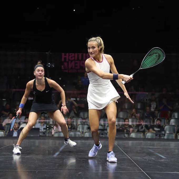 Olivia Weaver and Sabrina Sobhy in action at the British Open. 