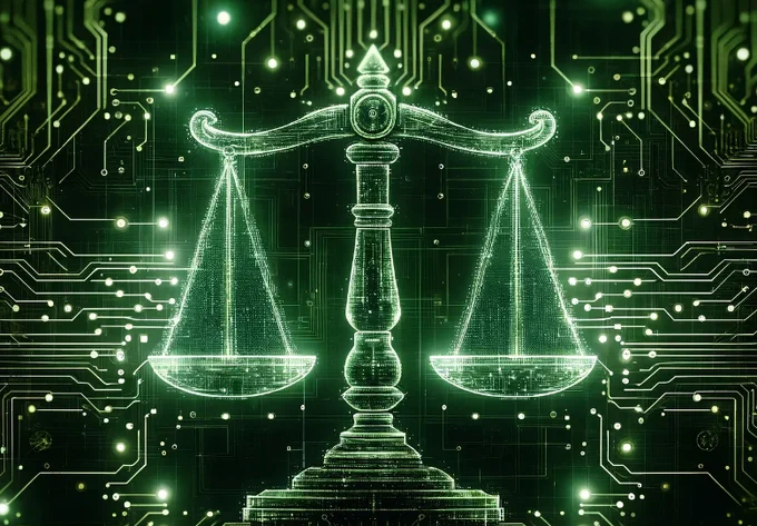 The image shows the scales of justice generative AI.