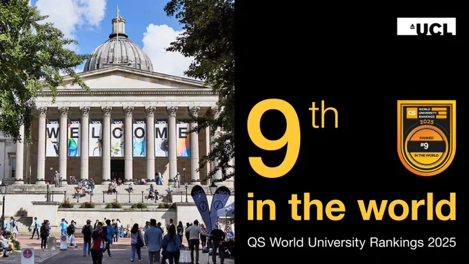 The portico of UCL's Wilkins Building and text saying "9th in the world. QS World Rankings by Subject 2025."