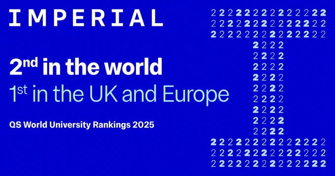 A blue graphic with the Imperial 'I' logo made up of small '2's. Text on graphic reads: 2nd in the world, 1st in the UK and Europe. QS World University Rankings 2025.