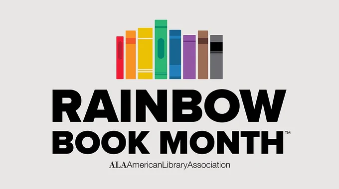 Rainbow Book Month, American Library Association. Illustration of books on a shelf in all colors of the rainbow.
