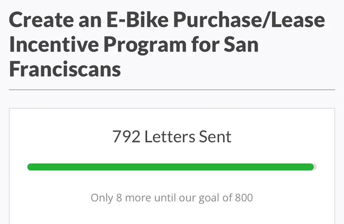 Create an E-Bike Purchase/Lease Incentive Program for San Franciscans

792 Letters Sent
Only 8 more until our goal of 800