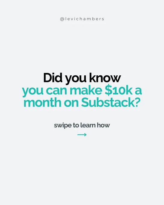 Text reads 'Did you know you can make $10k a month on Substack? Swipe to learn how' with the Instagram handle @levichambers at the top.