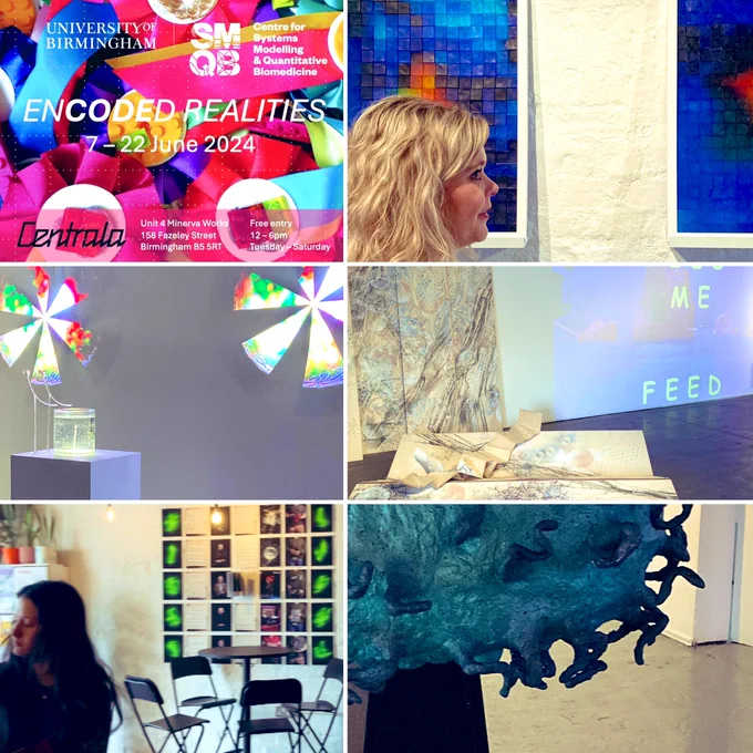 Image shows an art exhibition with pieces of art being installed, including photographs, sculptures and visual projections.
