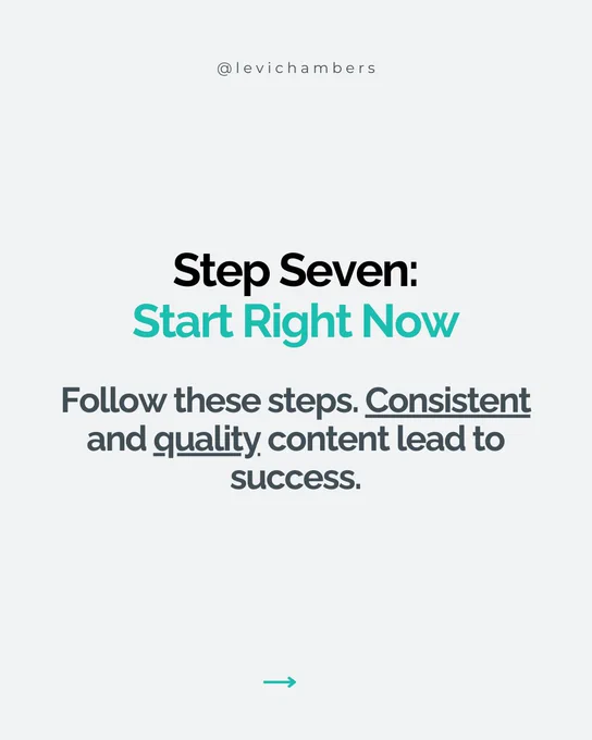 Text reads 'Step Seven: Start Right Now. Follow these steps. Consistent and quality content lead to success.' with the Instagram handle @levichambers at the top.